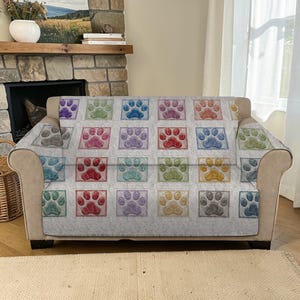 Minimalist Rainbow Paw Quilted Sofa Cover, Colorful Pet Furniture Protector, Luxury Sofa Cover, Modern Dog Clinic Decor, Playful Couch Wrap