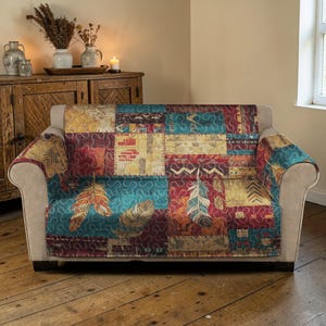 Feather Patchwork Quilted Sofa Cover, Teal and Red Furniture Protector, Luxury Southwest Couch Throw, Boho Tribal Living Room Decor
