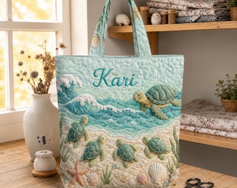 Personalized Sea Turtle Quilted Tote Bag, Light Teal Ocean Wave Shoulder Bag, Custom Name Beach Coastal Handbag, Sea Life Lover Gift Bag