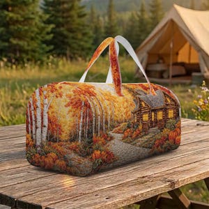 Autumn Forest Cabin Quilted Duffle Bag, Fall Harvest Birch Tree Travel Bag, Orange Pumpkin Weekender Bag, Cozy Woods Shoulder Bag Gear