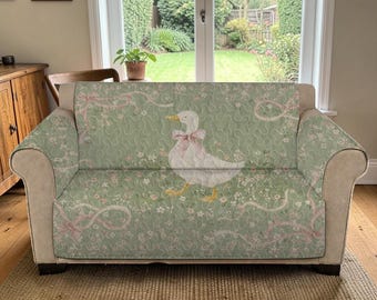 Sage Green Mother Goose Quilted Sofa Cover, Botanical Luxury Sofa Cover, English Cottage Furniture Protector, Custom Sofa Mat Decor