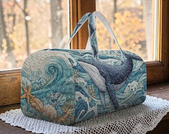Bolsa de lona acolchada con diseño de majestuosa ballena jorobada, bolsa de lona grande con estampado de olas, bolso de hombro náutico, bolsa de fin de semana con diseño de criaturas marinas azules