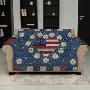 Patriotic Heart Star Couch Protector, Americana Daisy Quilted Furniture Shield, Navy Blue Red Floral Sofa Wrap, Independence Day Home Decor