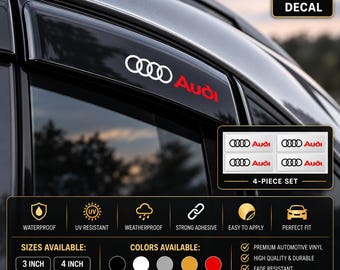Puede incluir: Un juego de cuatro calcomanías Audi con el logotipo de cuatro anillos blancos y el texto Audi en rojo. Las calcomanías se muestran aplicadas en un deflector de ventana de coche. El gráfico incluye texto que indica 4X DECAL, 4-PIECE SET y tamaños de 7,6 cm y 10,2 cm.