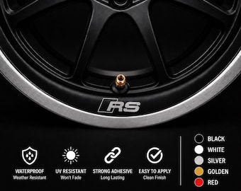 Puede incluir: Una pegatina RS negra aplicada sobre una llanta de coche negra mate con borde plateado. El gráfico incluye iconos para características de resistencia al agua, resistencia a los rayos UV, adhesivo fuerte y fácil aplicación, junto con una lista de colores para negro, blanco, plata, dorado y rojo.
