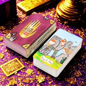Może przedstawiać: Dwa talie kart tarota. Jedna talia ma bordową okładkę ze słowami "THE MYSTERY TAROT" i ilustracją dłoni. Druga talia przedstawia kreskówkowy obraz mężczyzny ze słowami "King of Axes". Karty leżą na fioletowej powierzchni.