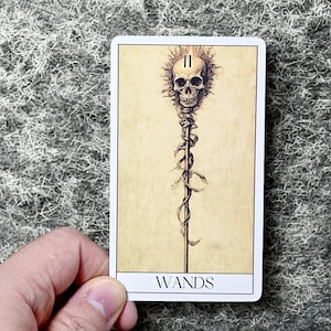 Peut inclure: Une carte de tarot avec un cr&acirc;ne orn&eacute; d'un motif en forme d'&eacute;clat de soleil au sommet d'un b&acirc;ton orn&eacute; de vignes. La carte a un fond cr&egrave;me et le mot "WANDS" en bas.