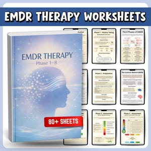 May include: A book titled "EMDR Therapy Phase 1-8" with a blue and white cover, and the text "80+ SHEETS" on a red banner. The image also shows several worksheets detailing the phases of EMDR therapy.