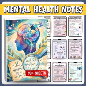 Puede incluir: Una colección de notas sobre salud mental con el título "Mental Health Notes" en amarillo. La portada presenta una colorida ilustración de un cerebro con piezas de rompecabezas, un perfil y las palabras "Empathy, Neuroscience, Understand, Health". Incluye 90+ hojas.