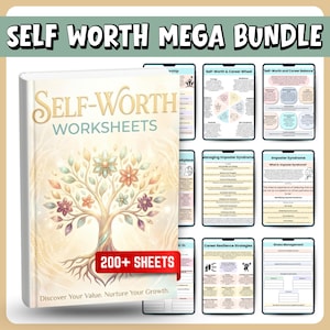 May include: A bundle of self-help worksheets with the title "Self-Worth Worksheets" and the text "200+ Sheets." The cover features a tree design with flowers. Additional worksheets cover topics like career balance and stress management.