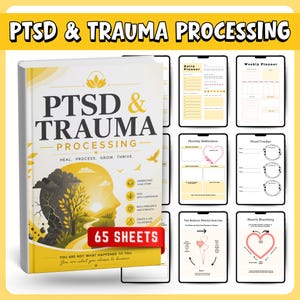 May include: A planner titled "PTSD & Trauma Processing" with the text "Heal. Process. Grow. Thrive." The cover features a silhouette of a person with a landscape design. Includes daily, weekly, and monthly planning pages, mood trackers, and exercises. The planner has 65 sheets.