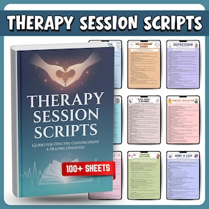 May include: A book titled Therapy Session Scripts with a dark blue cover featuring a white heart-shaped hand illustration and an open book graphic. Beside it are several digital tablet screens displaying various therapy topics and 100+ sheets text.