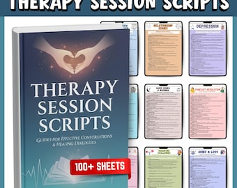Op de afbeelding: Een boek getiteld Therapy Session Scripts met een donkerblauwe kaft, een witte illustratie van handen in een hartvorm en een afbeelding van een open boek. Daarnaast staan verschillende tabletschermen met diverse therapiethema's en 100+ sheets.
