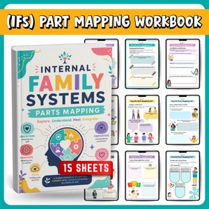 May include: A workbook titled Internal Family Systems Parts Mapping with a colourful cover featuring a silhouette of a head containing a puzzle-piece brain. The cover includes text, icons for protectors, managers, and firefighters, and 15 sheets.