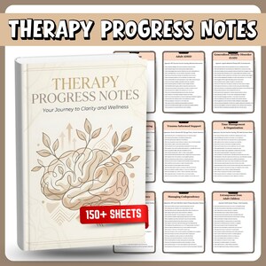 May include: A book titled "THERAPY PROGRESS NOTES" with the subtitle "Your Journey to Clarity and Wellness." The cover features a brain illustration with leaves and the text "150+ SHEETS." Additional pages with text are visible.