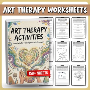 Puede incluir: Un conjunto de hojas de trabajo de terapia de arte. La portada del libro dice "Art Therapy Activities: Creativity for Healing and Self-Discovery". La imagen incluye un libro con un diseño en forma de corazón y el texto "150+ Sheets."
