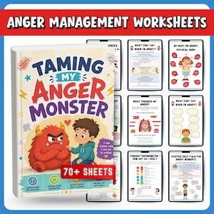 Può includere: Una raccolta di schede per la gestione della rabbia intitolata Taming My Anger Monster, che presenta una copertina con un mostro rosso e un bambino, insieme a otto pagine di attività individuali con testo, illustrazioni e diagrammi.