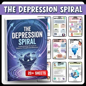 Puede incluir: Un producto digital titulado "The Depression Spiral" con una portada que presenta un diseño de vórtice arremolinado y el texto "Understanding the Cycle of Negative Thoughts and Behaviors". Incluye más de 20 hojas con información sobre la depresión.