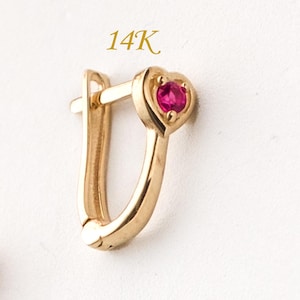 Ruby 14K Heart Hoop Huggie Gold Earring Girls Kids Toddler July Birthstone