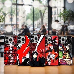 May include: Five phone cases with distinctive designs. Each case has a black border and a striking graphic in red, black, and white. The designs feature anime-style characters and patterns, creating a bold and eye-catching aesthetic.
