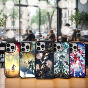 May include: A collection of five phone cases with unique anime-style illustrations. Each case features a different design, including characters in various poses and settings, with a black border and a camera cutout.