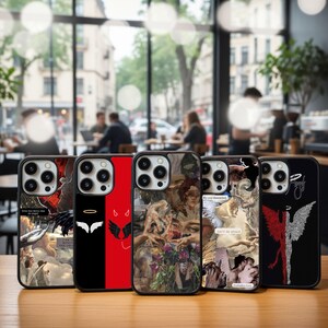 May include: A collection of five phone cases with unique designs. The cases feature a variety of artistic images, including angel wings, religious art, and abstract collages. Each case has a black border and a camera cutout.