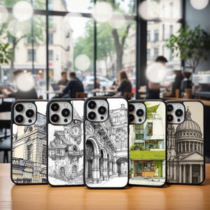 May include: A selection of phone cases showcasing architectural designs. The cases display detailed black and white sketches of buildings, including a clock tower, arched structures, and a domed cathedral. One case features a green and white building.