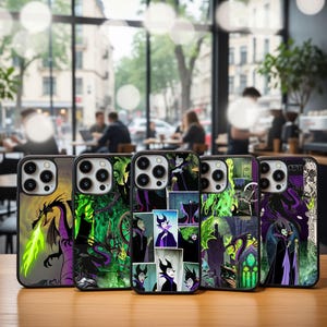 May include: A collection of phone cases featuring designs inspired by a fantasy character. The cases display images of a dragon, a villain, and scenes with green and purple hues. The cases are on a wooden surface.