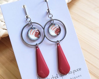 Boucles pendantes rondes et gouttes tons rouges à motifs géométriques style 90 (MODÈLE CANADA)