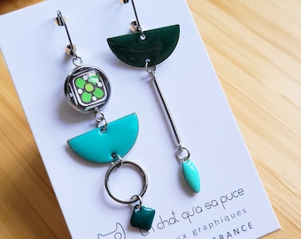Boucles d'oreilles asymétriques bleues et vertes Motiv fleurs vintage (MODELE ESAGNE ASYMETRIQUES)