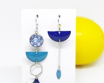 Boucles d'oreilles dépareillées bleues motivo azulejos