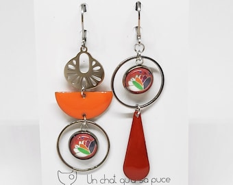 Mismatched lotus flower pattern orange and red sequin earrings