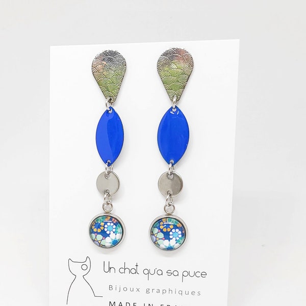 Clous d'oreilles gouttes pour femme à motifs graphiques zelliges mosaïque en verre et sequins émaillés bleus forme navette