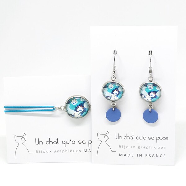 Parure boucles d'oreilles et bracelet ajustable motif fleurs bleues