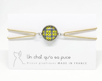 Bracelet réglable élastique à cabochon à motifs fleurs vintage jaunes et bleues
