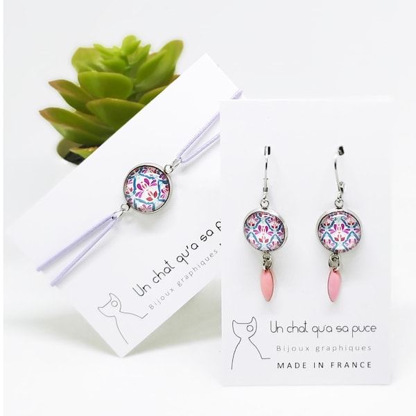 Parure boucles d'oreilles géométriques et bracelet réglable motifs azulejos roses