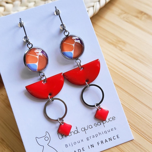 Boucles pendantes graphiques à sequins demi lunes orangés et motifs formes géométriques vintage (MODELE ESPAGNE)