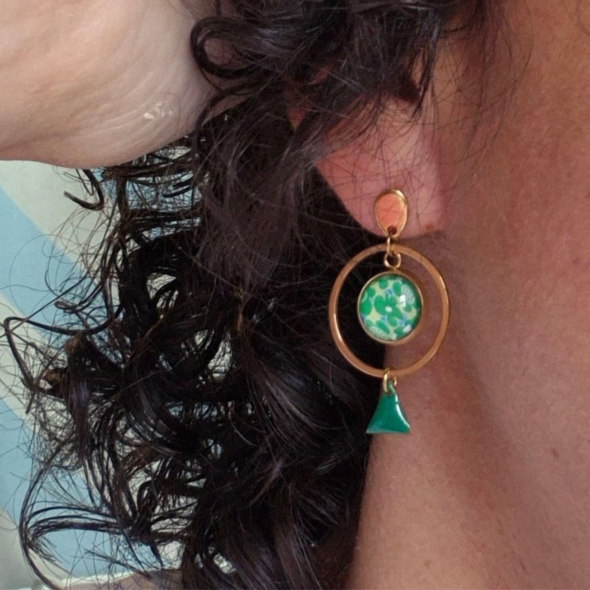 Gold Green Flowers Print Earrings – Handmade Stainless Steel  display picture 1