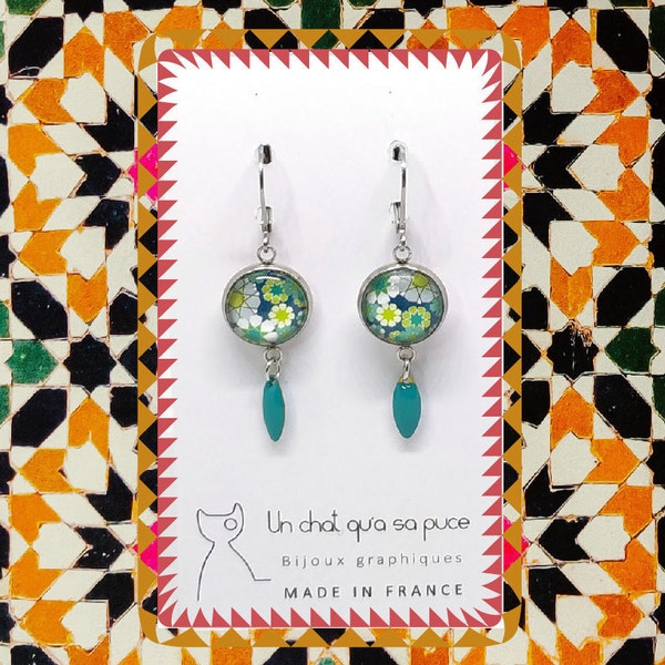 Boucles d’oreilles minimalistes rondes vertes à motifs mosaïques azulejos