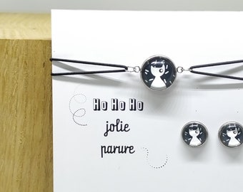 Black and White Cat Jewelry Set: Earrings and Adjustable Bracelet