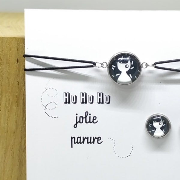 Ensemble boucles d'oreilles pour femme et fillette chat noir et blanc et bracelet réglable assorti