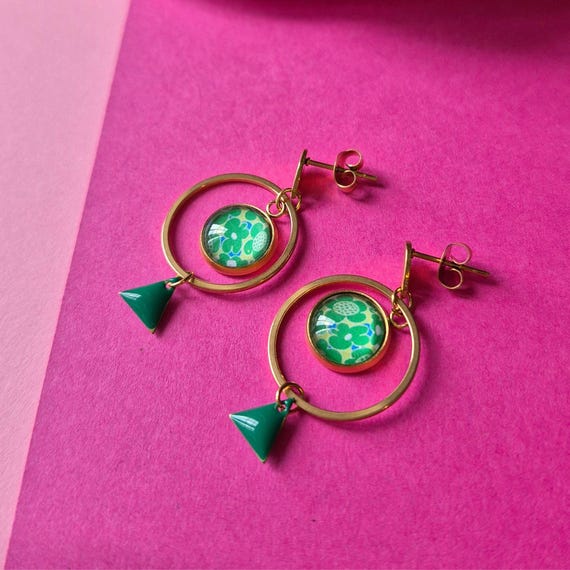 Gold Green Flowers Print Earrings – Handmade Stainless Steel  display picture 2