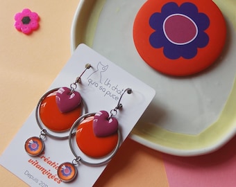DUO broche et boucles d'oreilles oranges et violettes à fleurs vintage (MODELE POPAYAN)