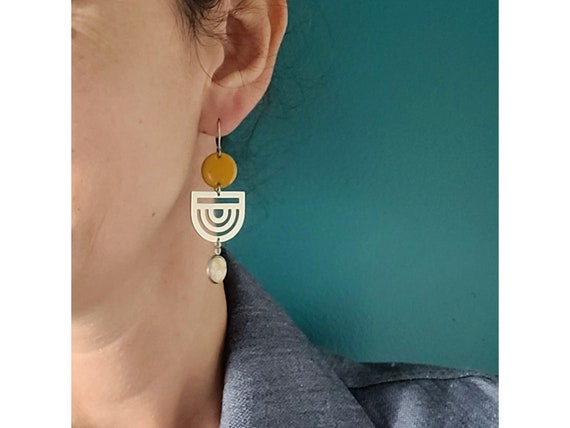 Mismatched Earrings With Graphic White and Yellow Flower Patterns Round Enamelled Sequins and Stainless Steal Halfmoon Shape Etsy Singapore