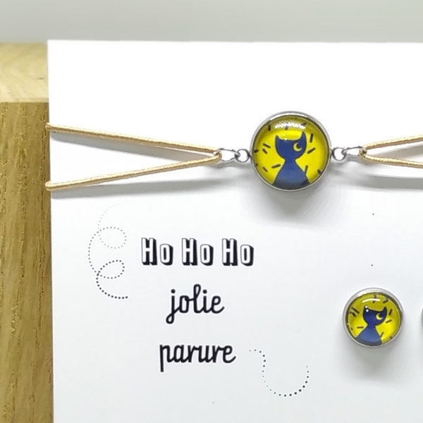 Boucles d'oreilles enfant jaunes et bleues motif chat et bracelet lien coulissant assorti