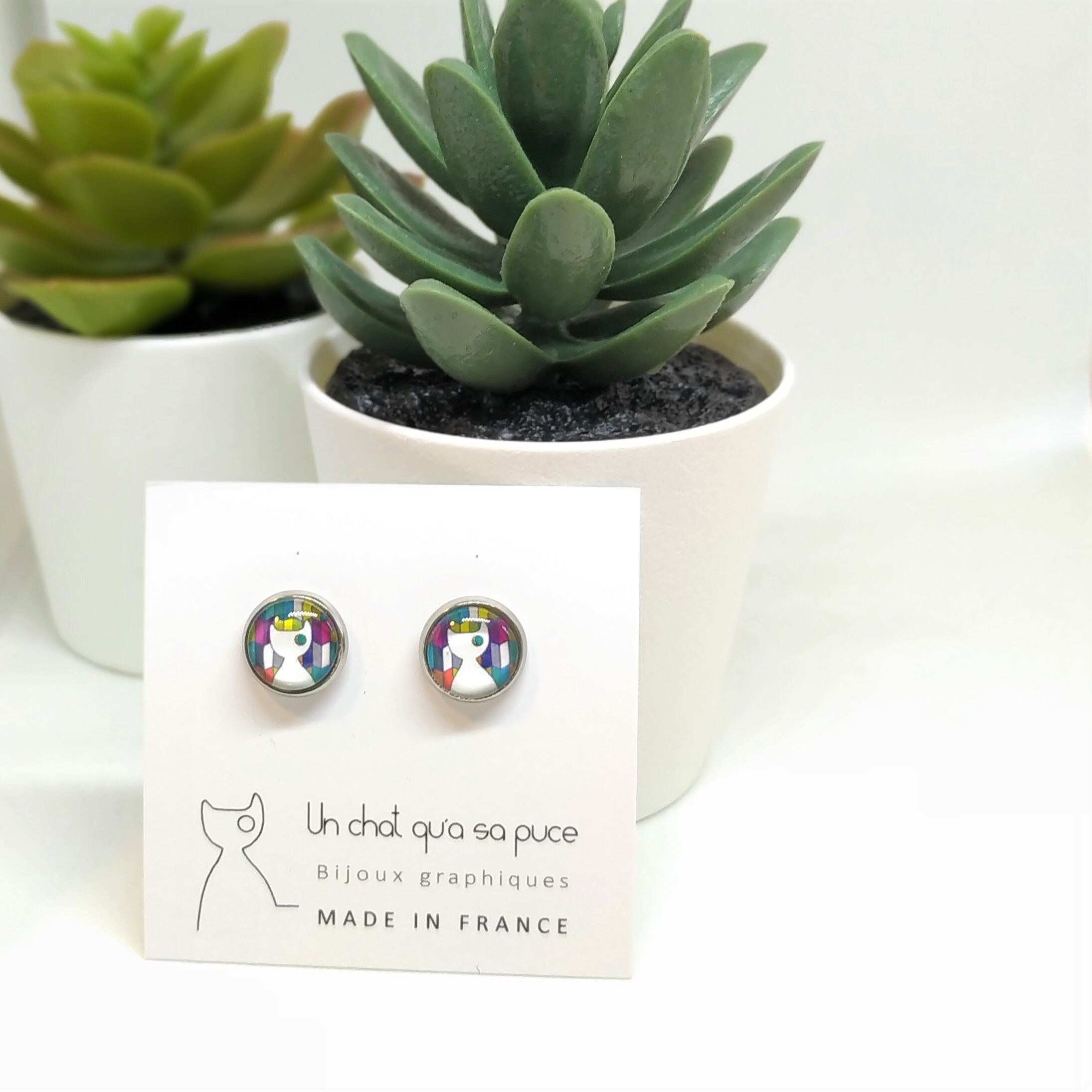 Boucles Doreilles Enfants Puces A Motif Chat Et Fond Etsy