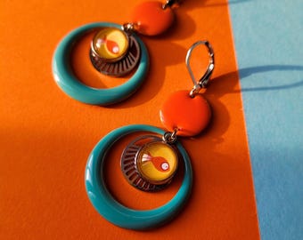 Boucles d’oreilles artisanales orange & bleu à motif Poisson (MODELE CALI)