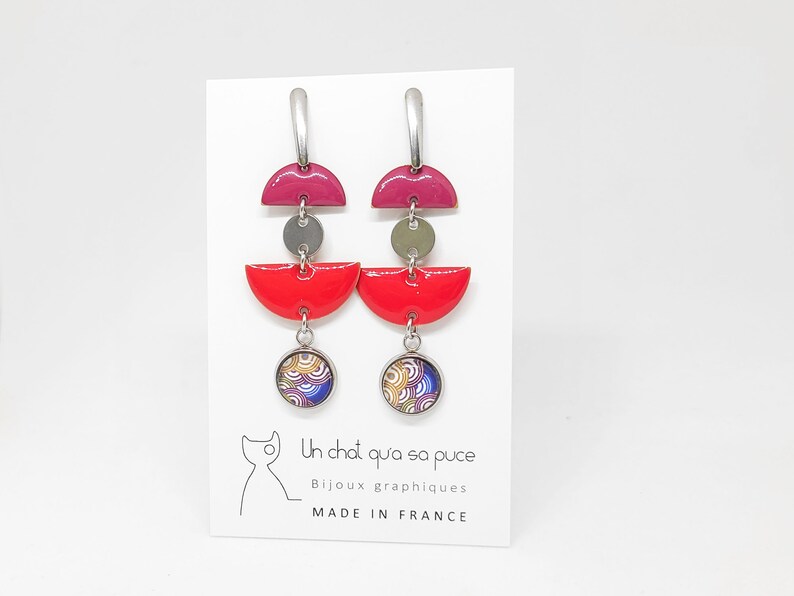 Long halfmoon earrings with graphic purple and multicolored waves patterns in glass and pink and purple enamelled sequins image 8