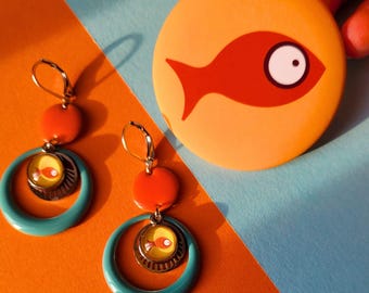 Duo bijou poisson orange – Boucles + broche (MODELE CALI)