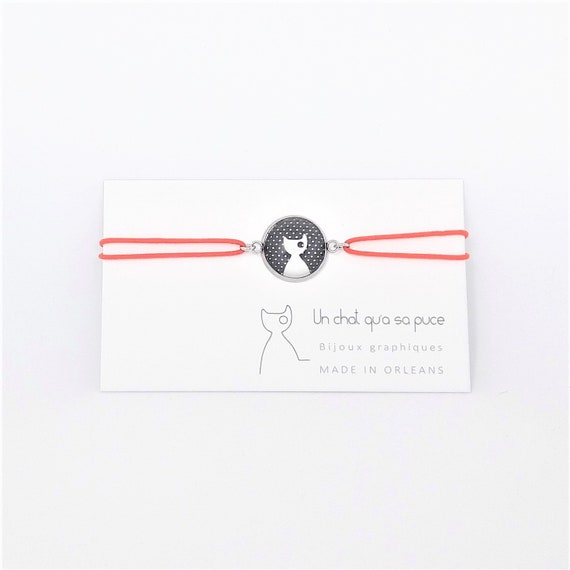 Bracelet élastique Rouge Réglable à Motif Chat Blanc Fond Noir à Pois
